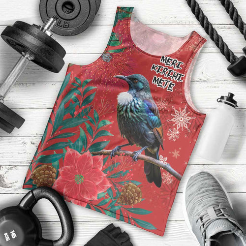 Tui Meri Kirihimete Personalised Men Tank Top Pohutukawa Flowers Red Motif - Aussie Hoodie