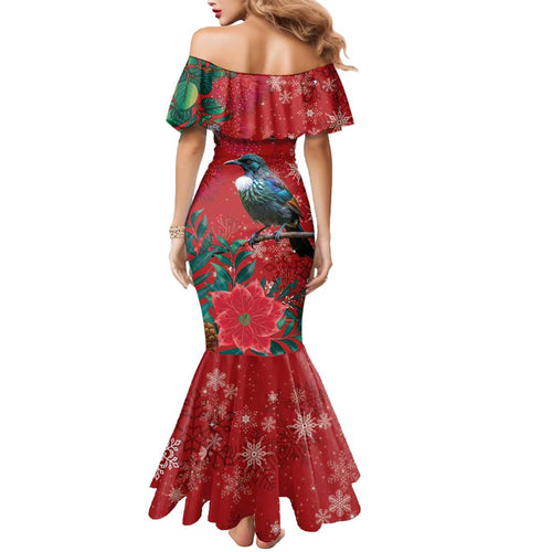Tui Meri Kirihimete Personalised Mermaid Dress Pohutukawa Flowers Red Motif - Aussie Hoodie