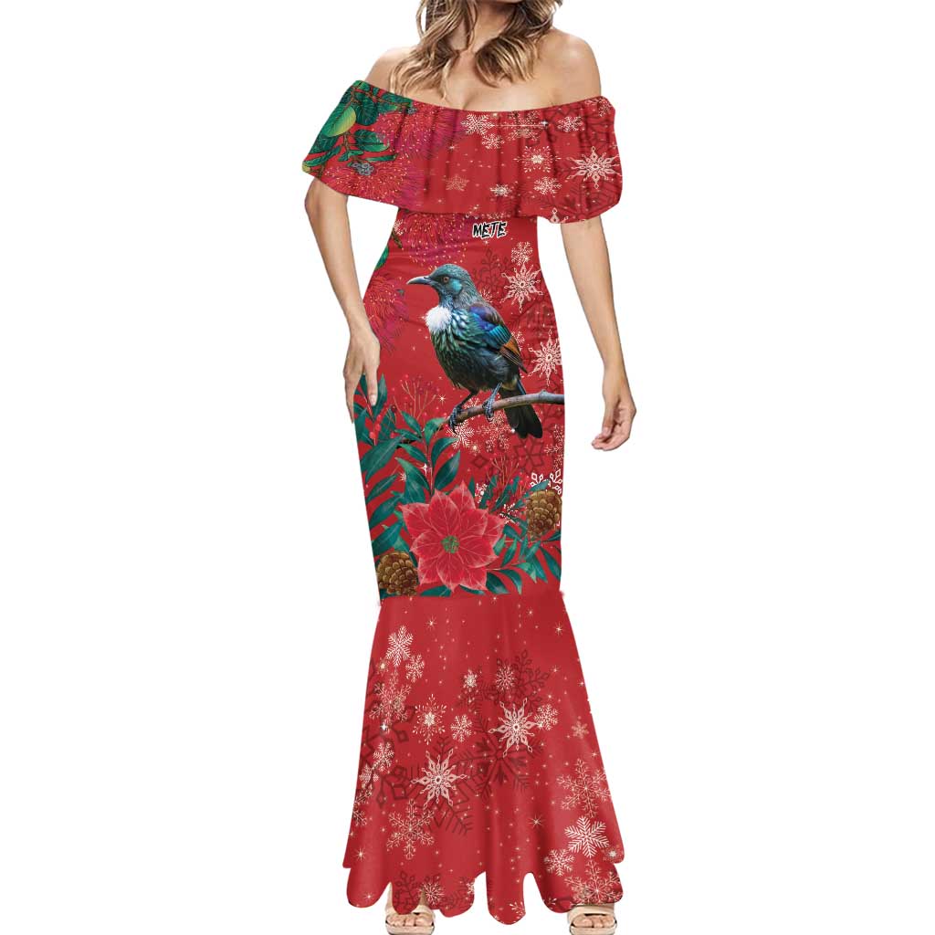 Tui Meri Kirihimete Personalised Mermaid Dress Pohutukawa Flowers Red Motif - Aussie Hoodie