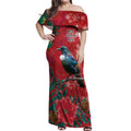 Tui Meri Kirihimete Personalised Off Shoulder Maxi Dress Pohutukawa Flowers Red Motif - Aussie Hoodie