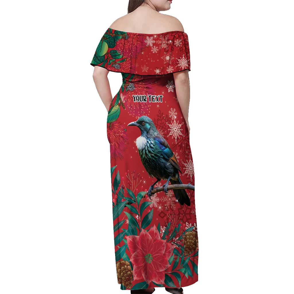 Tui Meri Kirihimete Personalised Off Shoulder Maxi Dress Pohutukawa Flowers Red Motif - Aussie Hoodie