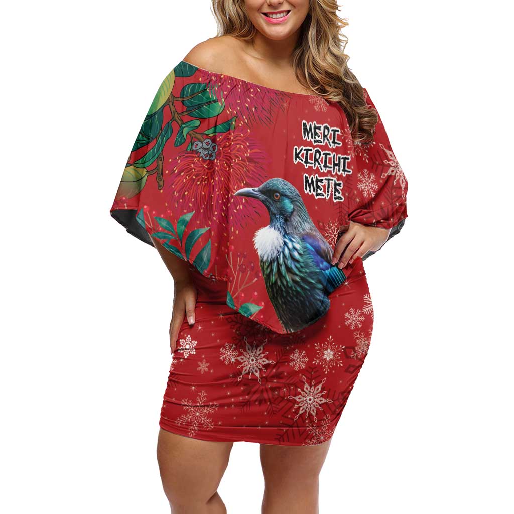 Tui Meri Kirihimete Personalised Off Shoulder Short Dress Pohutukawa Flowers Red Motif - Aussie Hoodie