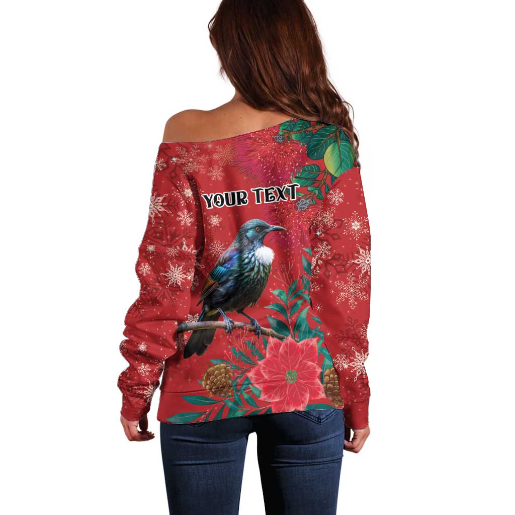 Tui Meri Kirihimete Personalised Off Shoulder Sweater Pohutukawa Flowers Red Motif - Aussie Hoodie