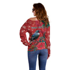 Tui Meri Kirihimete Personalised Off Shoulder Sweater Pohutukawa Flowers Red Motif - Aussie Hoodie