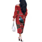 Tui Meri Kirihimete Personalised Off The Shoulder Long Sleeve Dress Pohutukawa Flowers Red Motif - Aussie Hoodie