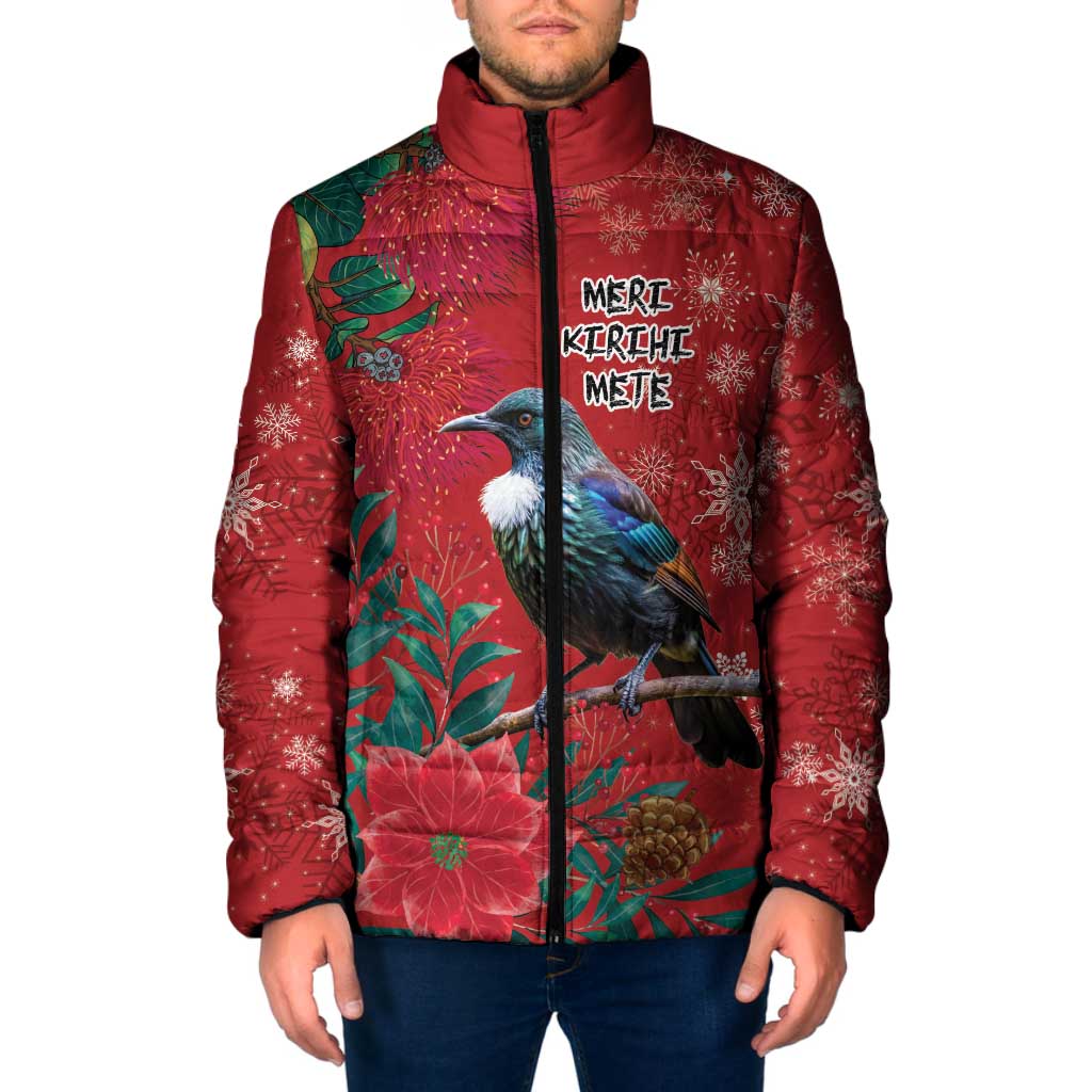 Tui Meri Kirihimete Personalised Padded Jacket Pohutukawa Flowers Red Motif - Aussie Hoodie