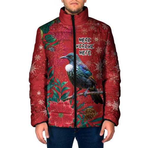 Tui Meri Kirihimete Personalised Padded Jacket Pohutukawa Flowers Red Motif - Aussie Hoodie