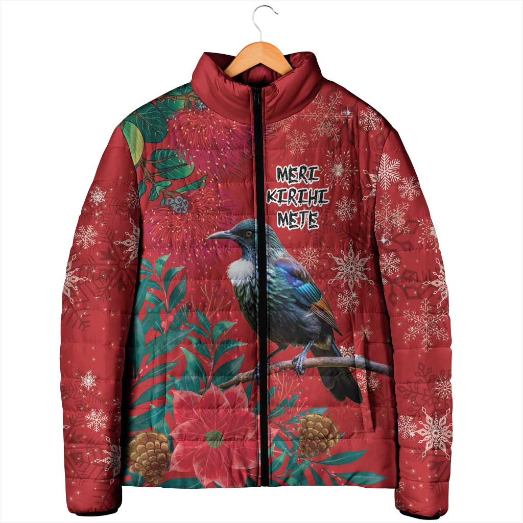 Tui Meri Kirihimete Personalised Padded Jacket Pohutukawa Flowers Red Motif - Aussie Hoodie