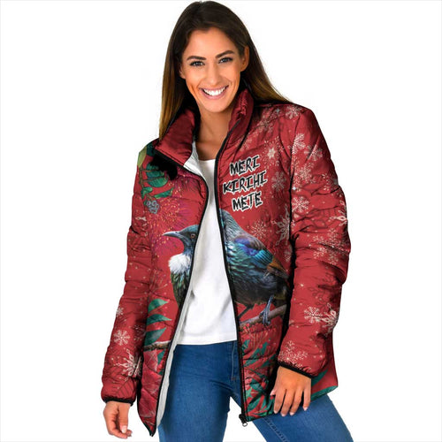 Tui Meri Kirihimete Personalised Padded Jacket Pohutukawa Flowers Red Motif - Aussie Hoodie