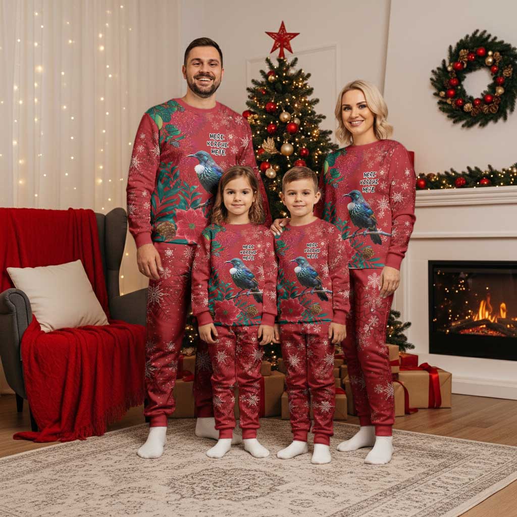 Tui Meri Kirihimete Personalised Christmas Pajama Set Pohutukawa Flowers Red Motif - Aussie Hoodie