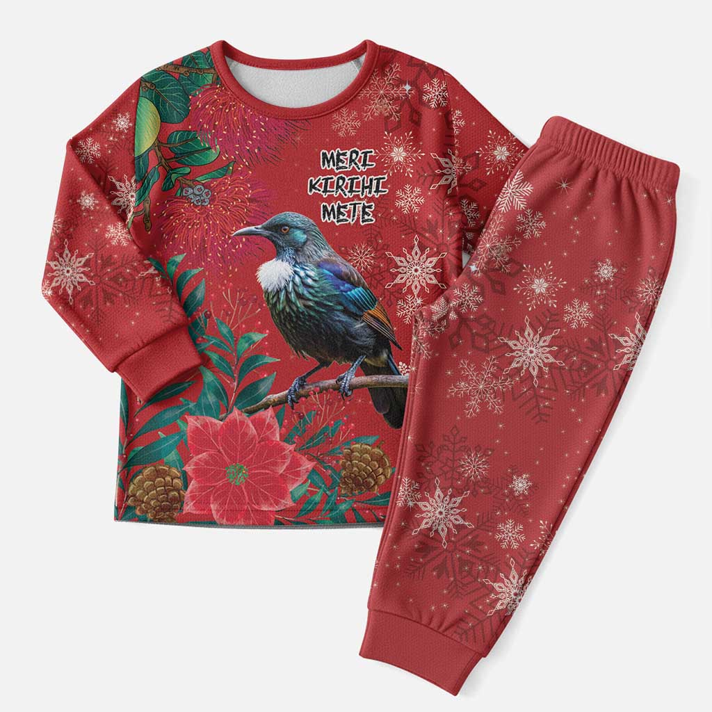 Tui Meri Kirihimete Personalised Christmas Pajama Set Pohutukawa Flowers Red Motif - Aussie Hoodie