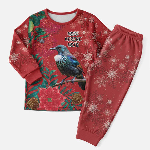 Tui Meri Kirihimete Personalised Christmas Pajama Set Pohutukawa Flowers Red Motif - Aussie Hoodie