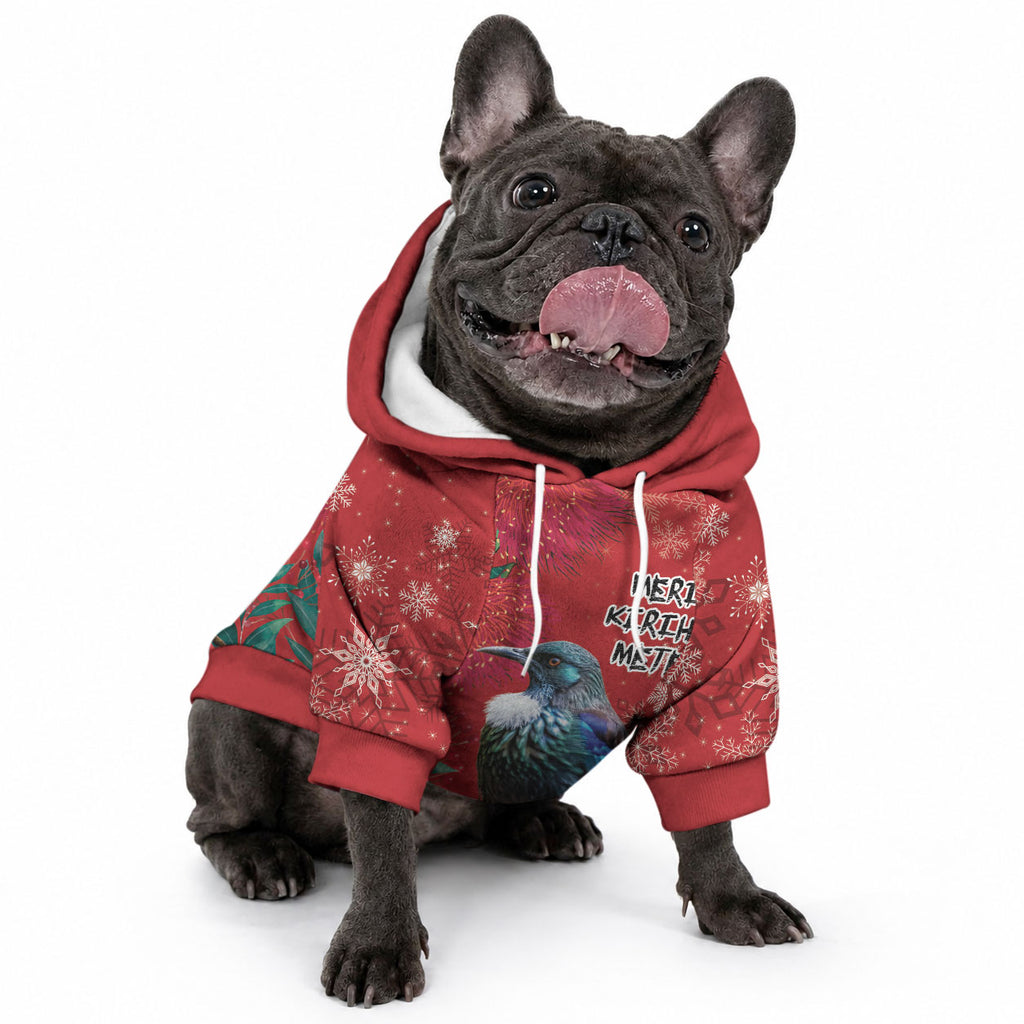 Tui Meri Kirihimete Personalised Pet Hoodie Pohutukawa Flowers Red Motif