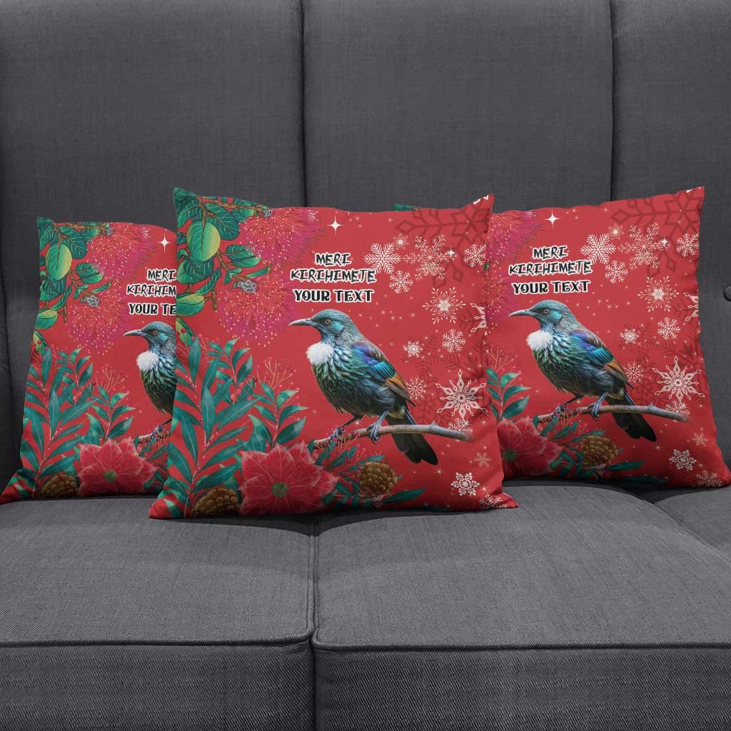 Tui Meri Kirihimete Personalised Pillow Cover Pohutukawa Flowers Red Motif - Aussie Hoodie