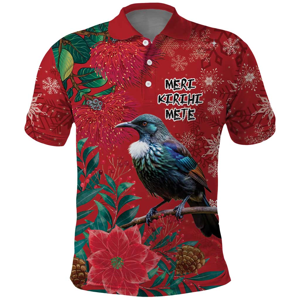 Tui Meri Kirihimete Personalised Polo Shirt Pohutukawa Flowers Red Motif - Aussie Hoodie
