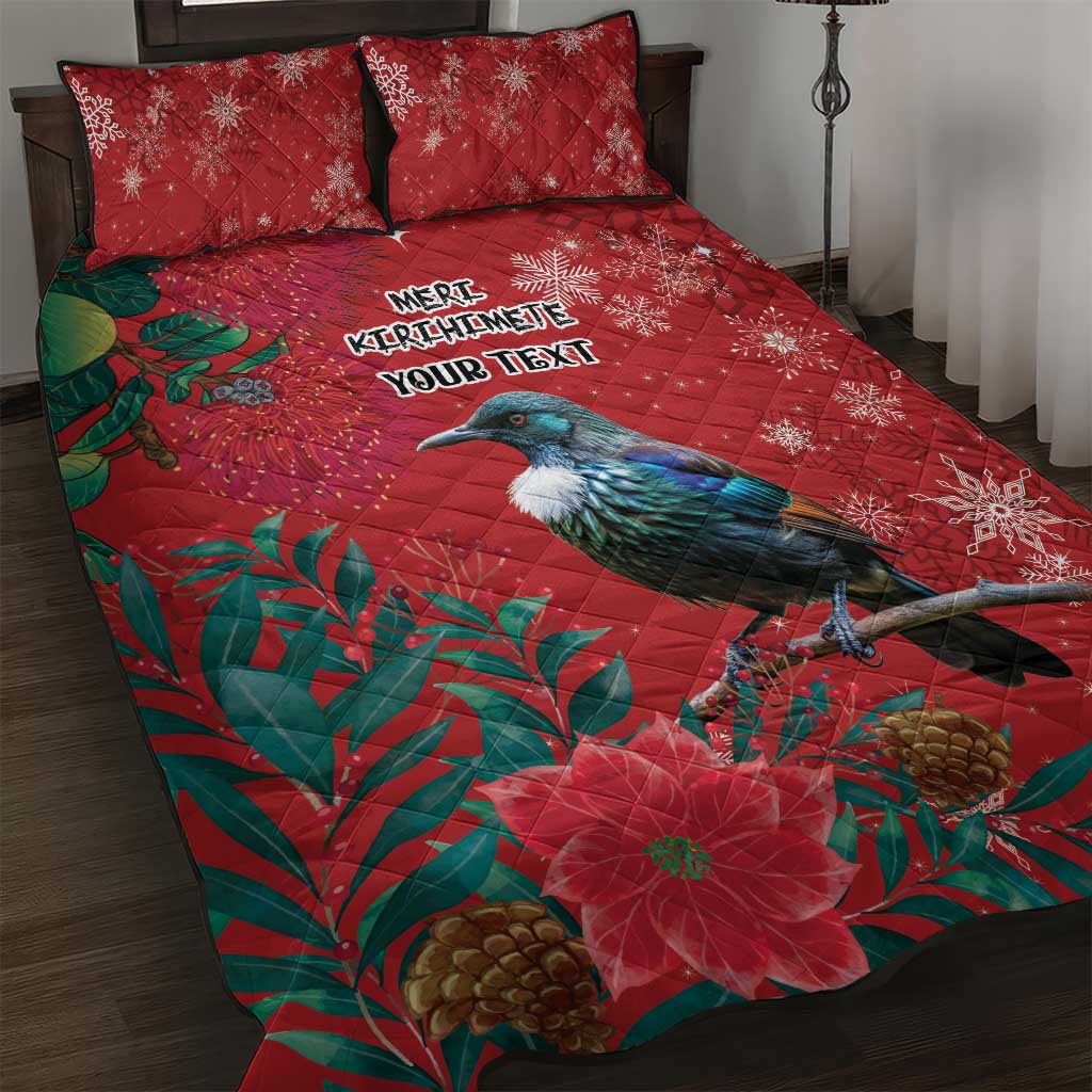 Tui Meri Kirihimete Personalised Quilt Bed Set Pohutukawa Flowers Red Motif - Aussie Hoodie
