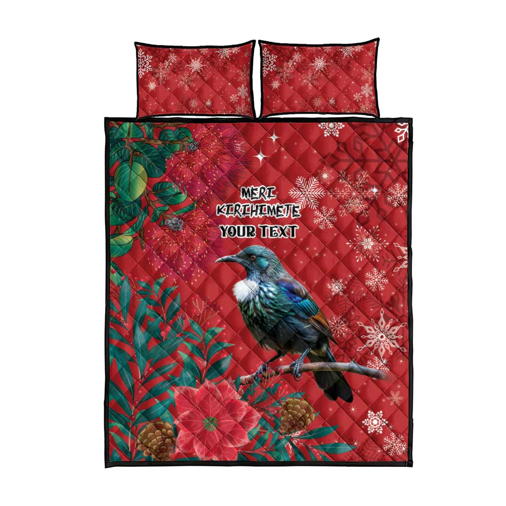 Tui Meri Kirihimete Personalised Quilt Bed Set Pohutukawa Flowers Red Motif - Aussie Hoodie