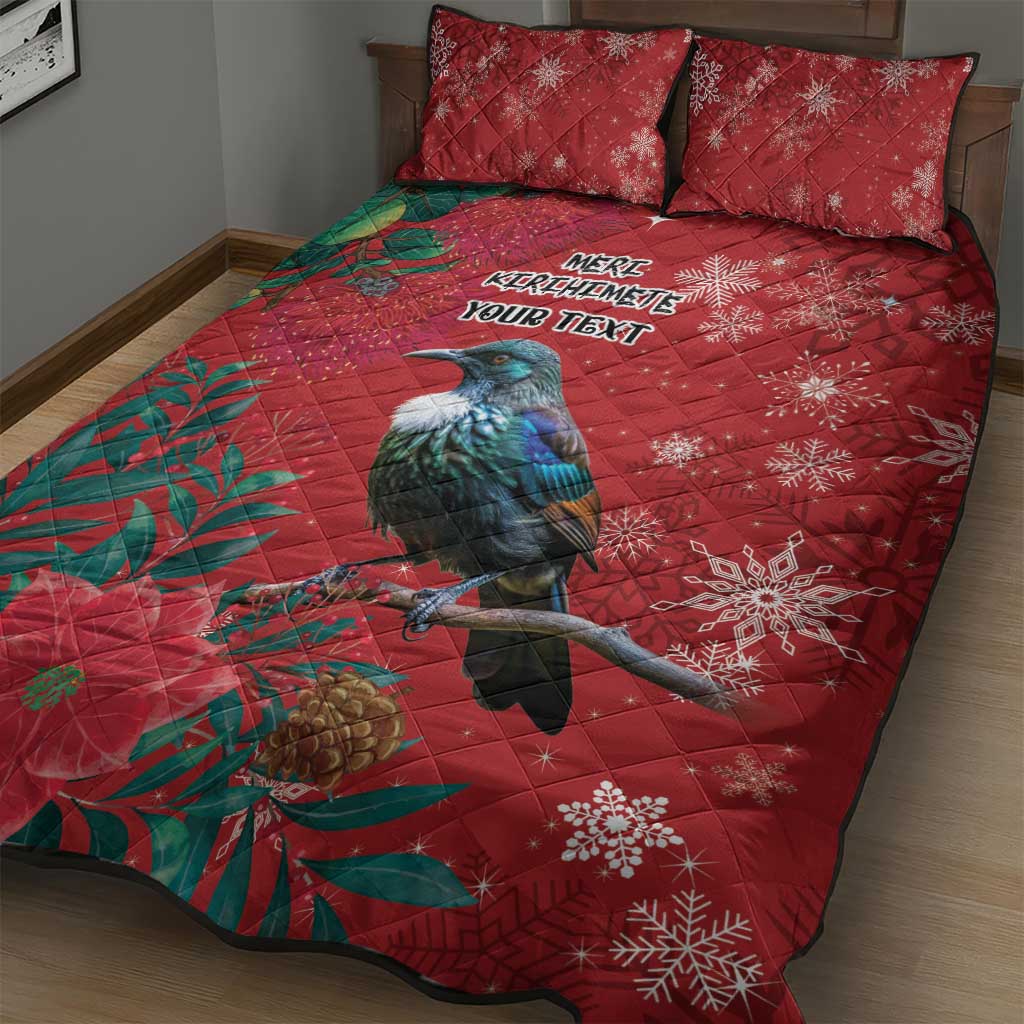 Tui Meri Kirihimete Personalised Quilt Bed Set Pohutukawa Flowers Red Motif - Aussie Hoodie