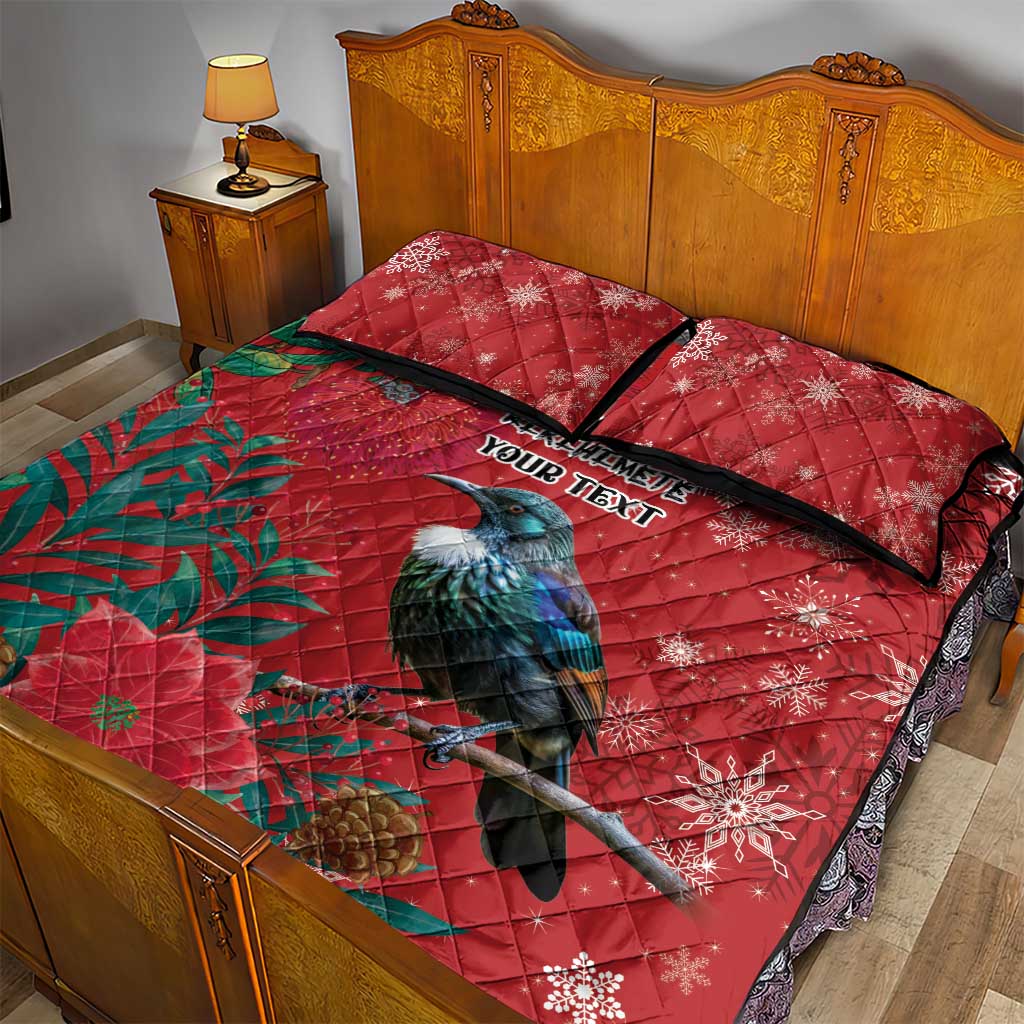 Tui Meri Kirihimete Personalised Quilt Bed Set Pohutukawa Flowers Red Motif - Aussie Hoodie