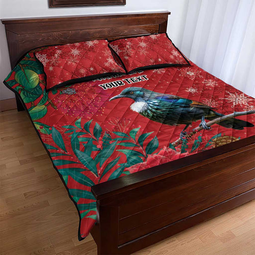 Tui Meri Kirihimete Personalised Quilt Bed Set Pohutukawa Flowers Red Motif - Aussie Hoodie