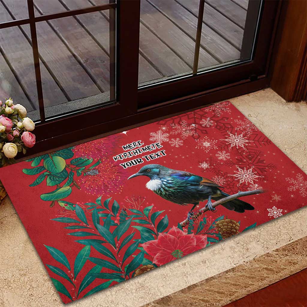 Tui Meri Kirihimete Personalised Rubber Doormat Pohutukawa Flowers Red Motif - Aussie Hoodie