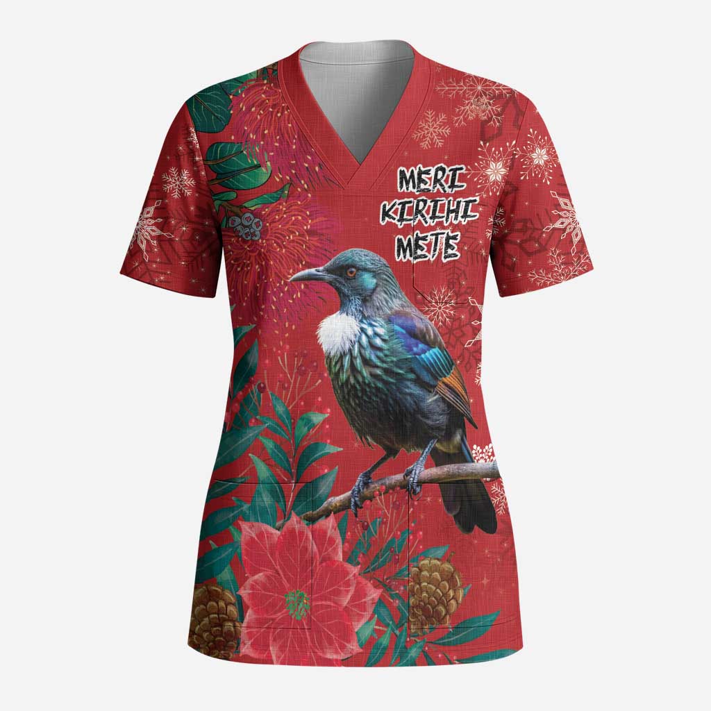 Tui Meri Kirihimete Personalised Scrub Top Pohutukawa Flowers Red Motif - Aussie Hoodie
