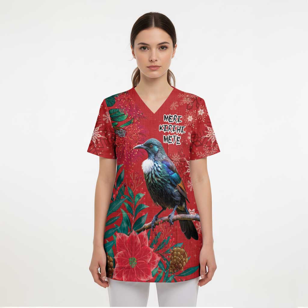 Tui Meri Kirihimete Personalised Scrub Top Pohutukawa Flowers Red Motif - Aussie Hoodie