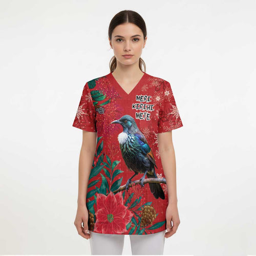 Tui Meri Kirihimete Personalised Scrub Top Pohutukawa Flowers Red Motif - Aussie Hoodie