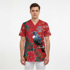 Tui Meri Kirihimete Personalised Scrub Top Pohutukawa Flowers Red Motif - Aussie Hoodie