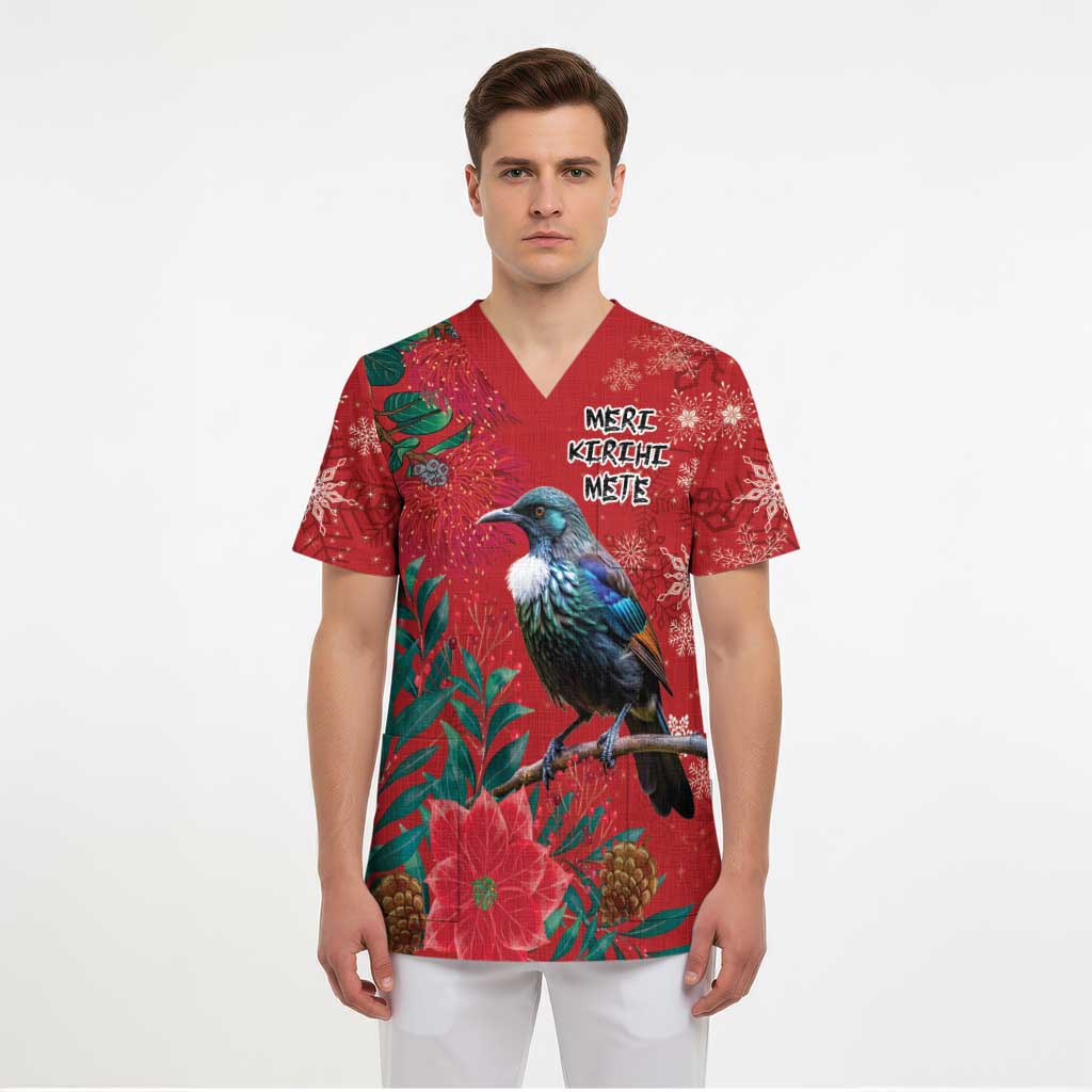 Tui Meri Kirihimete Personalised Scrub Top Pohutukawa Flowers Red Motif - Aussie Hoodie