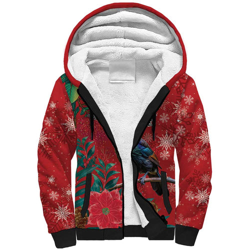 Tui Meri Kirihimete Personalised Sherpa Hoodie Pohutukawa Flowers Red Motif - Aussie Hoodie