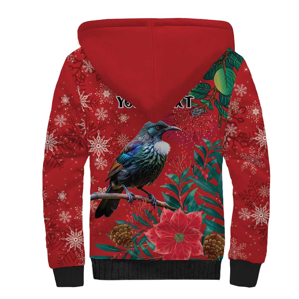Tui Meri Kirihimete Personalised Sherpa Hoodie Pohutukawa Flowers Red Motif - Aussie Hoodie