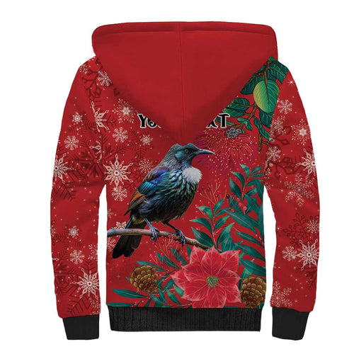 Tui Meri Kirihimete Personalised Sherpa Hoodie Pohutukawa Flowers Red Motif - Aussie Hoodie