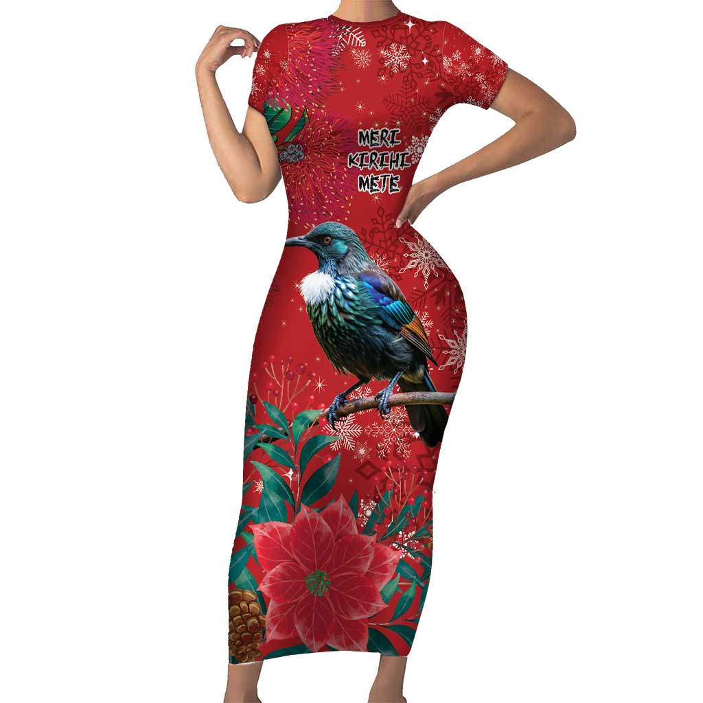 Tui Meri Kirihimete Personalised Short Sleeve Bodycon Dress Pohutukawa Flowers Red Motif - Aussie Hoodie