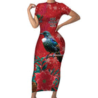 Tui Meri Kirihimete Personalised Short Sleeve Bodycon Dress Pohutukawa Flowers Red Motif - Aussie Hoodie