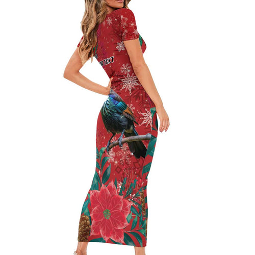 Tui Meri Kirihimete Personalised Short Sleeve Bodycon Dress Pohutukawa Flowers Red Motif - Aussie Hoodie