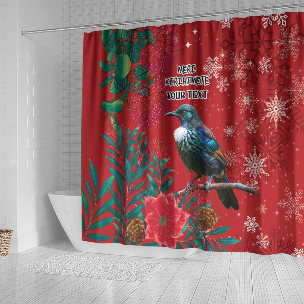Tui Meri Kirihimete Personalised Shower Curtain Pohutukawa Flowers Red Motif - Aussie Hoodie