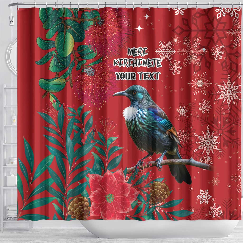 Tui Meri Kirihimete Personalised Shower Curtain Pohutukawa Flowers Red Motif - Aussie Hoodie