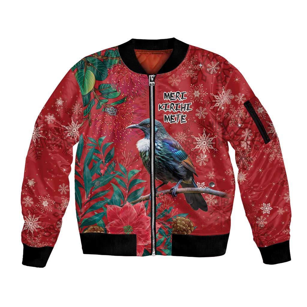 Tui Meri Kirihimete Personalised Sleeve Zip Bomber Jacket Pohutukawa Flowers Red Motif - Aussie Hoodie