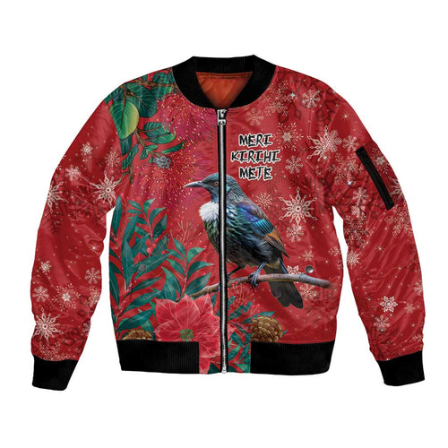 Tui Meri Kirihimete Personalised Sleeve Zip Bomber Jacket Pohutukawa Flowers Red Motif - Aussie Hoodie