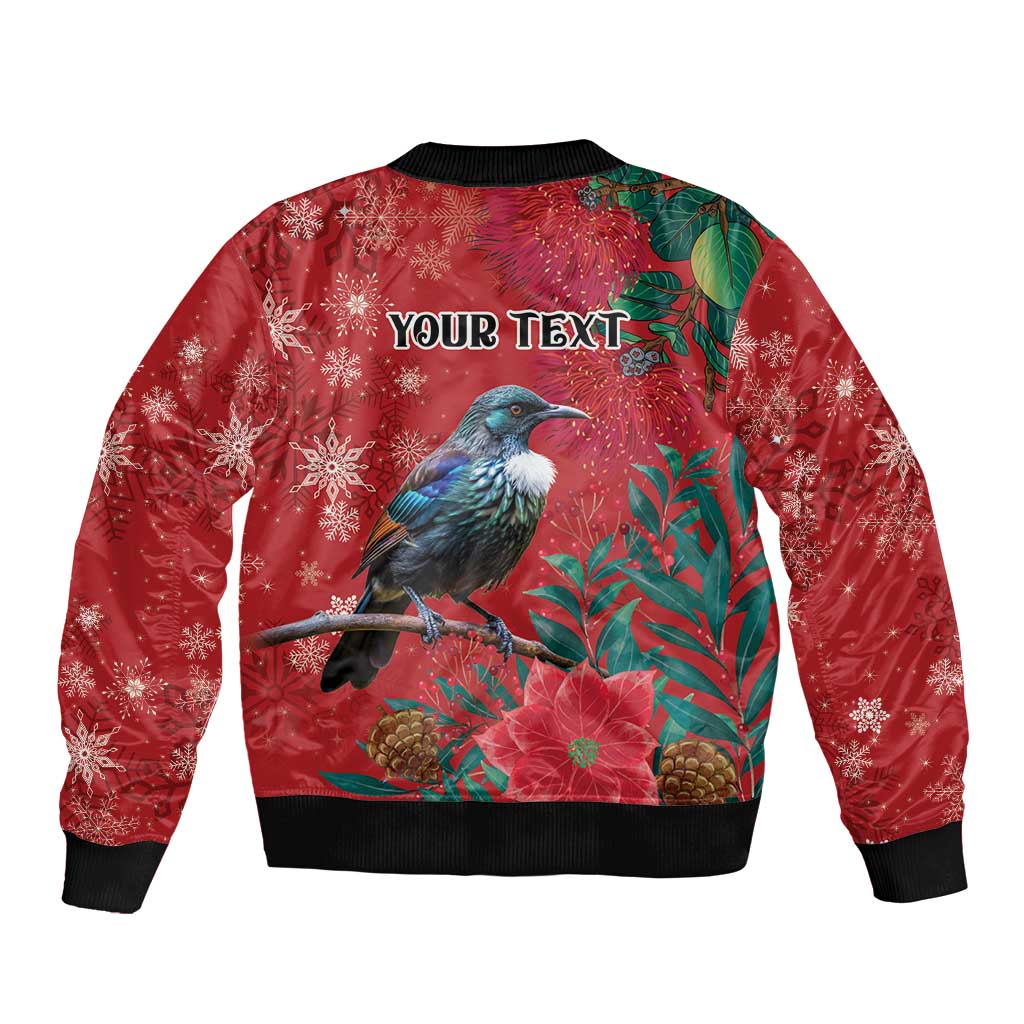 Tui Meri Kirihimete Personalised Sleeve Zip Bomber Jacket Pohutukawa Flowers Red Motif - Aussie Hoodie