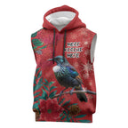 Tui Meri Kirihimete Personalised Sleeveless Hoodie Pohutukawa Flowers Red Motif - Aussie Hoodie