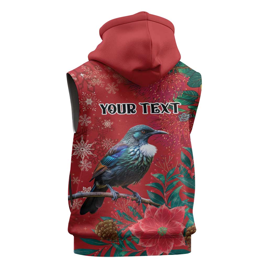 Tui Meri Kirihimete Personalised Sleeveless Hoodie Pohutukawa Flowers Red Motif - Aussie Hoodie