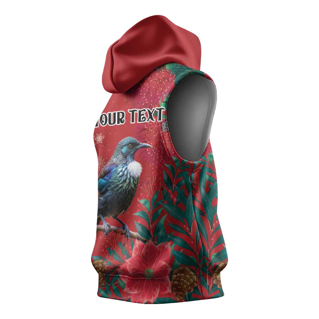 Tui Meri Kirihimete Personalised Sleeveless Hoodie Pohutukawa Flowers Red Motif - Aussie Hoodie