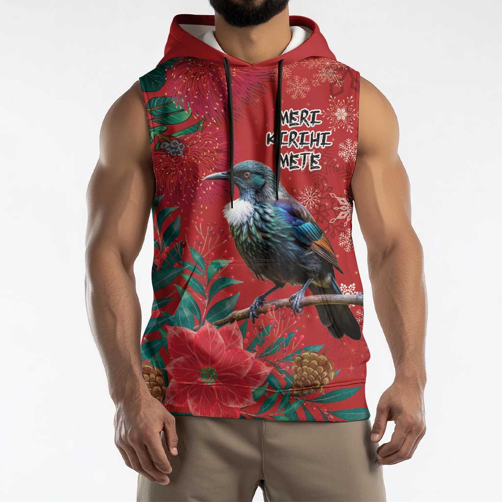 Tui Meri Kirihimete Personalised Sleeveless Hoodie Pohutukawa Flowers Red Motif - Aussie Hoodie