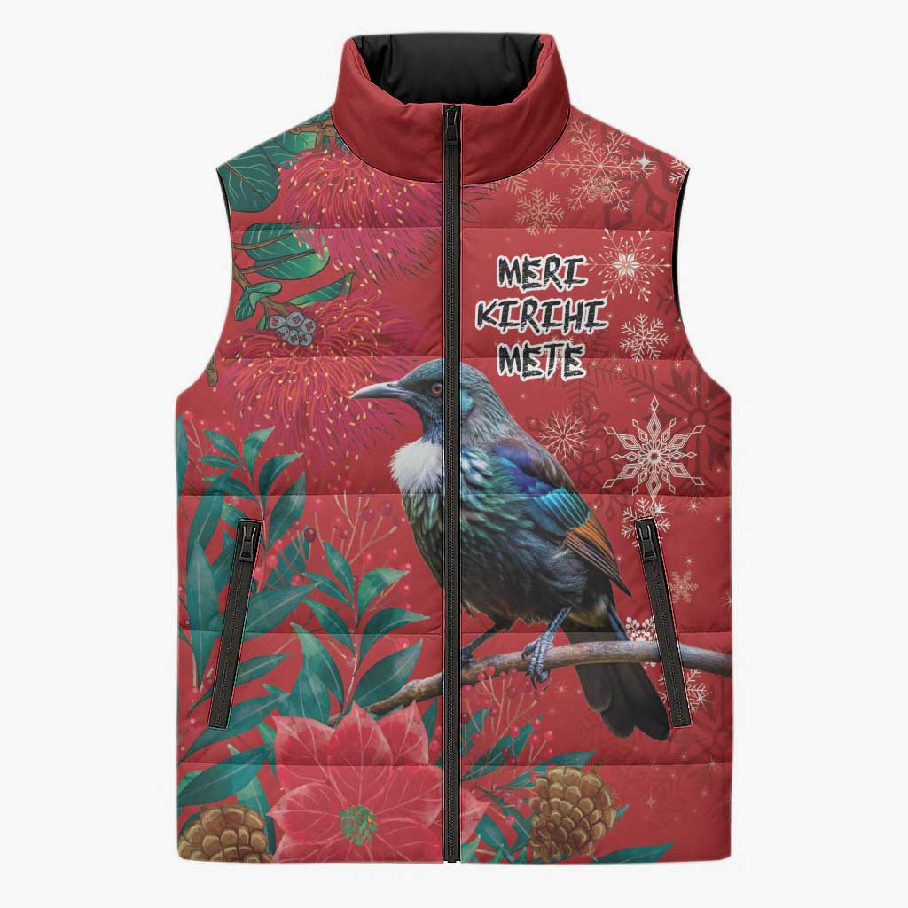 Tui Meri Kirihimete Personalised Sleeveless Puffer Jacket Pohutukawa Flowers Red Motif - Aussie Hoodie