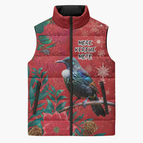 Tui Meri Kirihimete Personalised Sleeveless Puffer Jacket Pohutukawa Flowers Red Motif - Aussie Hoodie