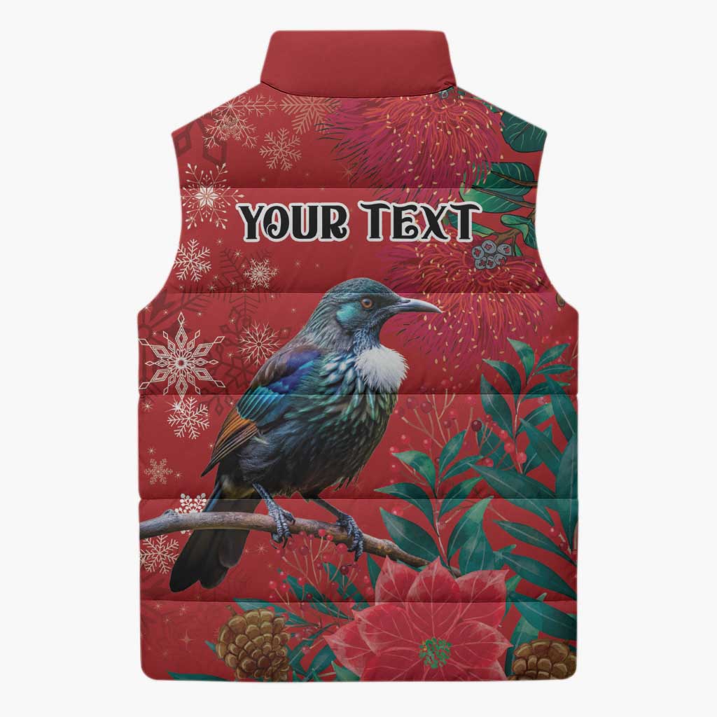 Tui Meri Kirihimete Personalised Sleeveless Puffer Jacket Pohutukawa Flowers Red Motif - Aussie Hoodie
