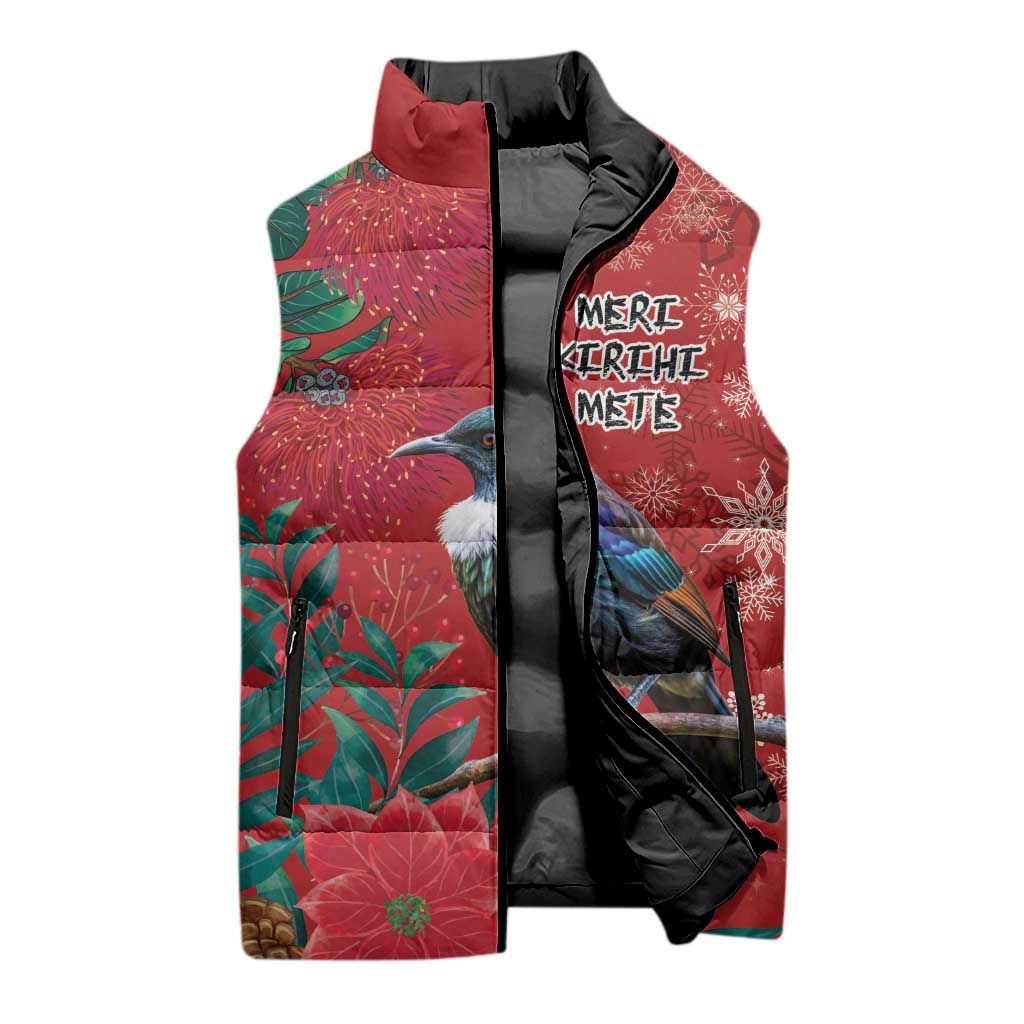 Tui Meri Kirihimete Personalised Sleeveless Puffer Jacket Pohutukawa Flowers Red Motif - Aussie Hoodie