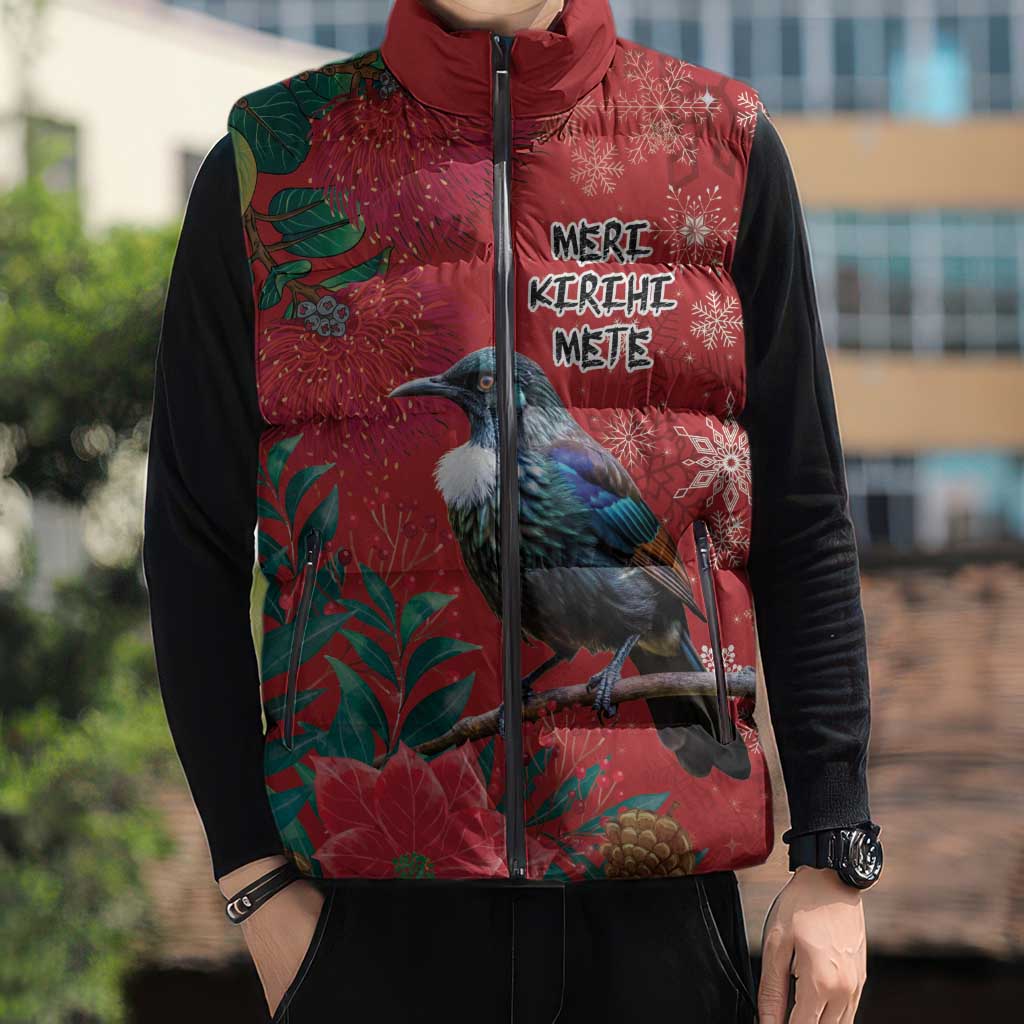 Tui Meri Kirihimete Personalised Sleeveless Puffer Jacket Pohutukawa Flowers Red Motif - Aussie Hoodie